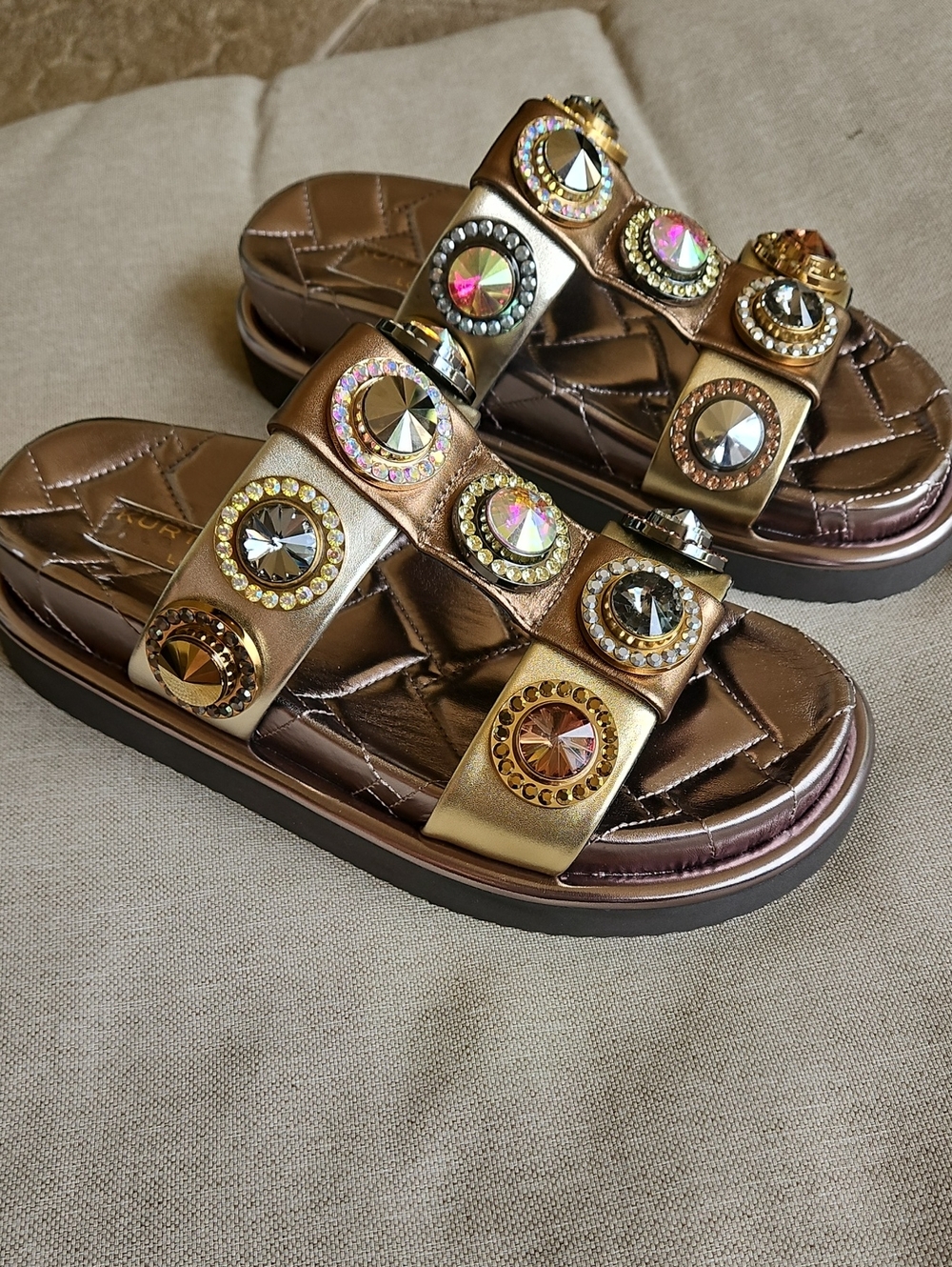 Kurt Geiger Orson Crystal-embellished Leather Flat sandals Bronze EU37, US7